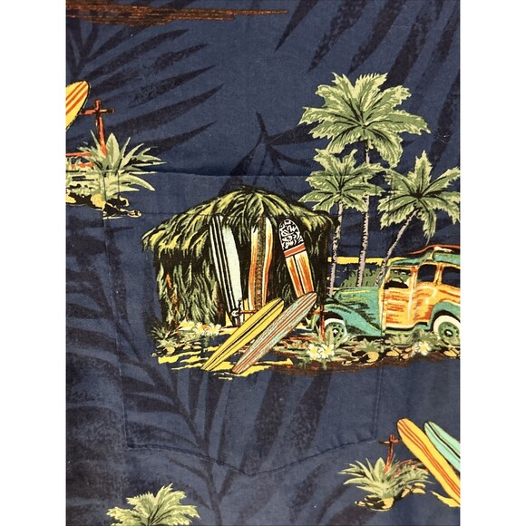 Vintage RJC Hawaiian Shirt Mens Medium Woody Palm Trees Blue Made in USA Cotton - Picture 3 of 8